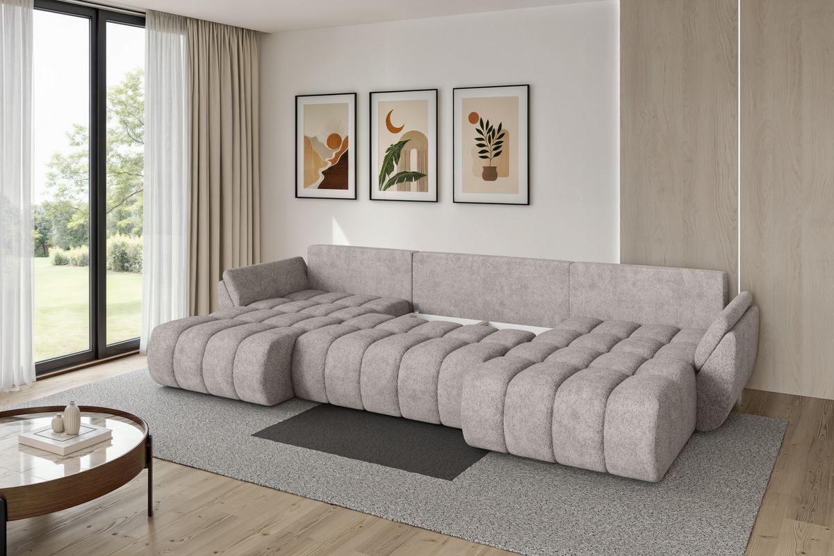WOHNLANDSCHAFT mit Schlaffunktion und Bettkasten TOKO-U-v1 378x194x86 Hellgrau Velours - Hellgrau/Schwarz, Holzwerkstoff/Kunststoff (378/86/194cm) - ALTDECOR