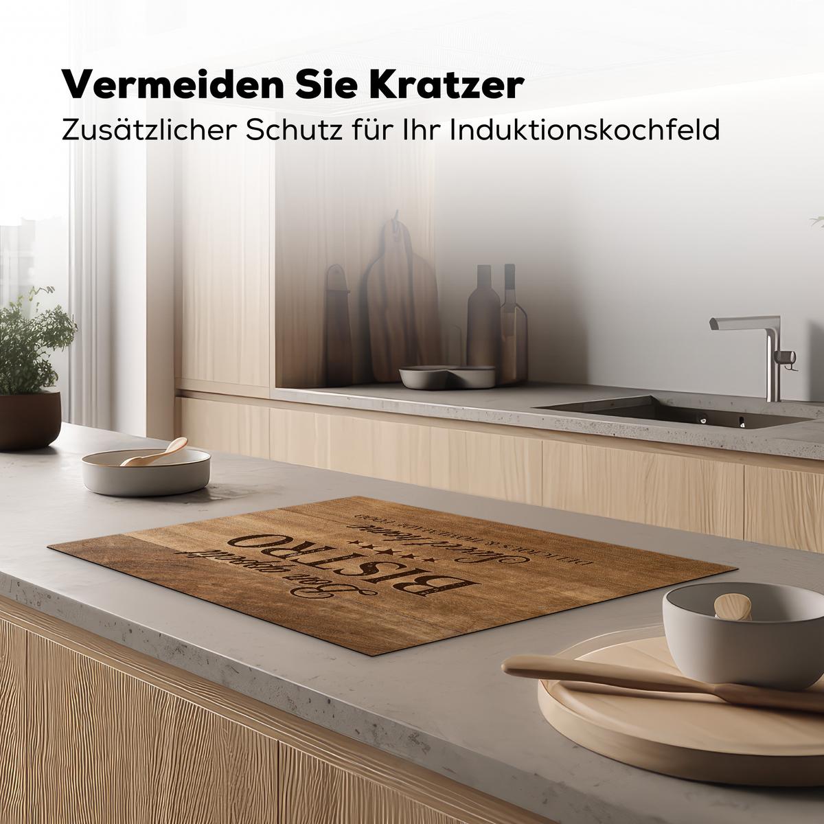 HERDABDECKPLATTE Zitat - Bistro - Guten Appetit - Süßes Zuhause - Holzmaserung Herdabdeckung Induktionsfeld 75x52 cm - Braun, Kunststoff (75/52/0.2cm) - MuchoWow