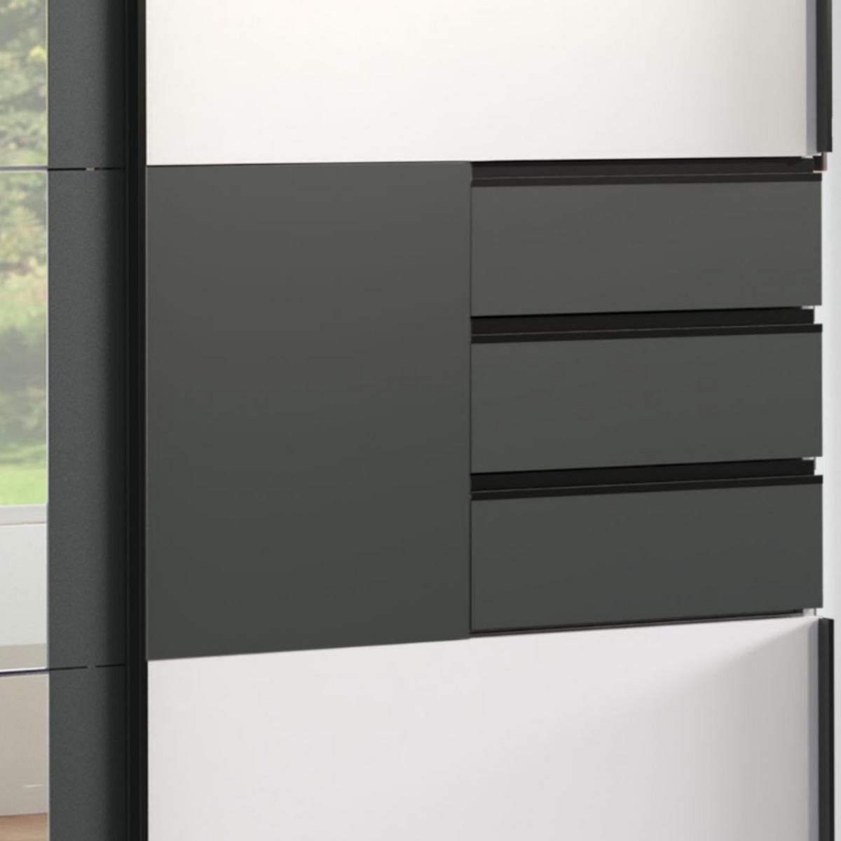 SCHWEBETÜRENSCHRANK 3-türig B270/H208/64 cm in Weiß mit Absetzungen in Grafit, Spiegel & Schubladen, Kleiderschrank inkl. Vollausstattung / 22502 - Blau/Graphitfarben, Holzwerkstoff/Metall (270/208/64cm) - luma-home