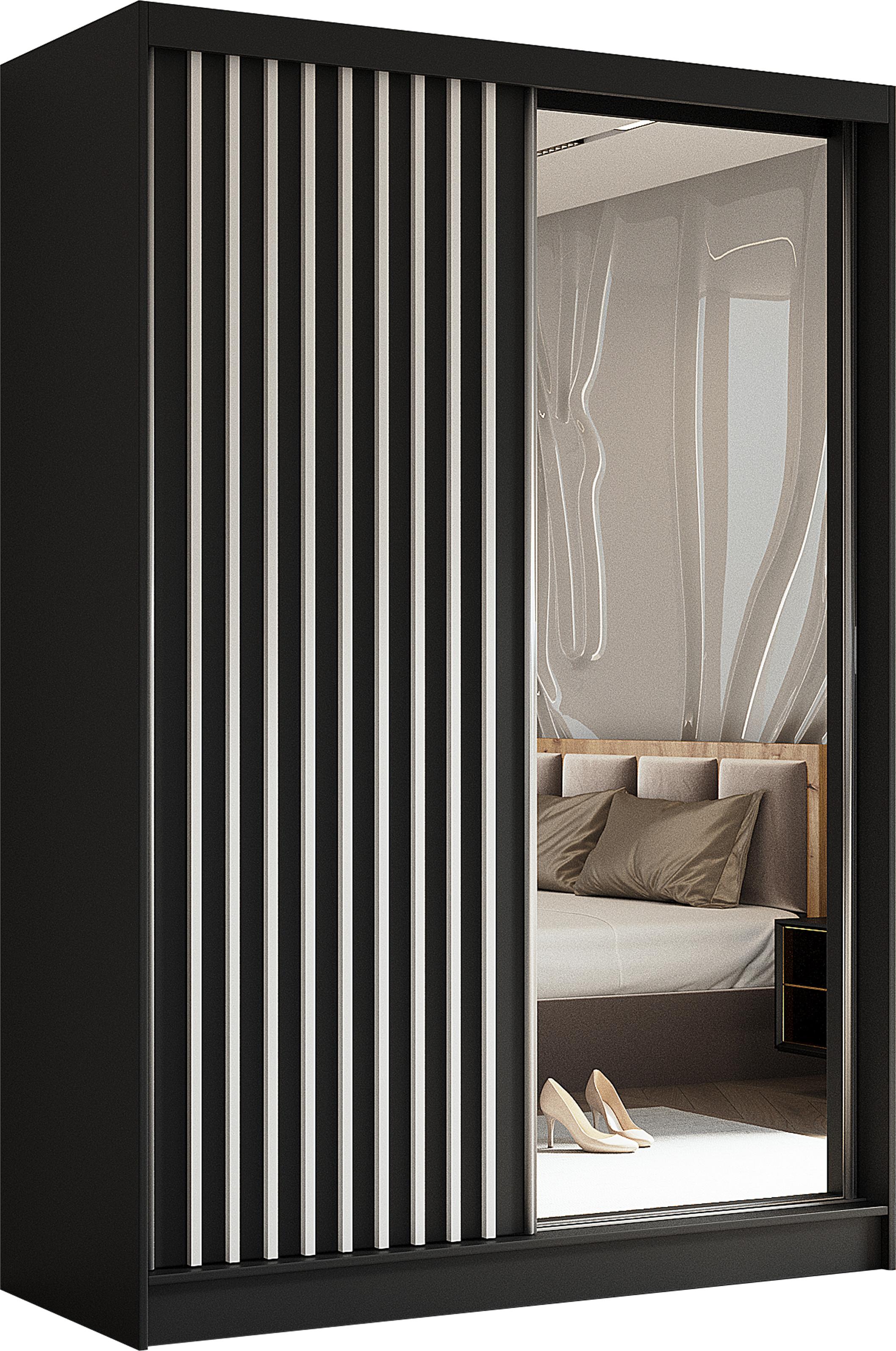 SCHWEBETÜRENSCHRANK Cabinio Schwarz Weiß 150/216/61 cm – mit Spiegel und Lamellen - Schwarz/Weiß, Holzwerkstoff/Kunststoff (150/216/61cm) - AX Living