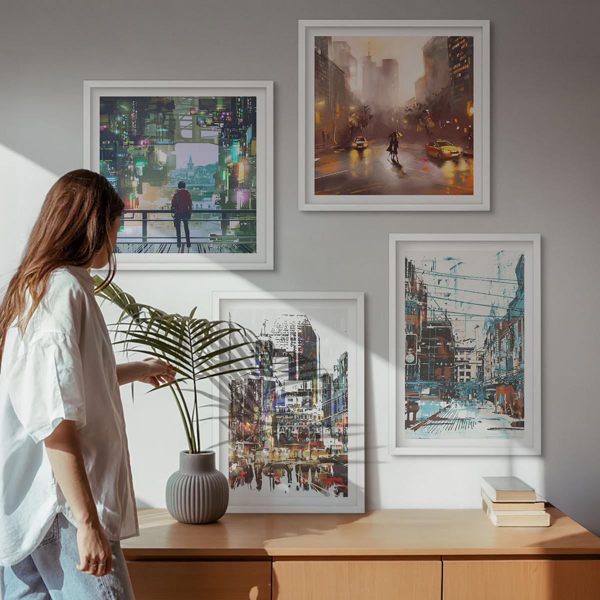 BILDER SET 4er Set - 50x50 cm & 40x60 cm Weißer Rahmen - Moderne, farbenfrohe Städte mit Charakteren - Weiß, Kunststoff (50/50cm) - TULUP