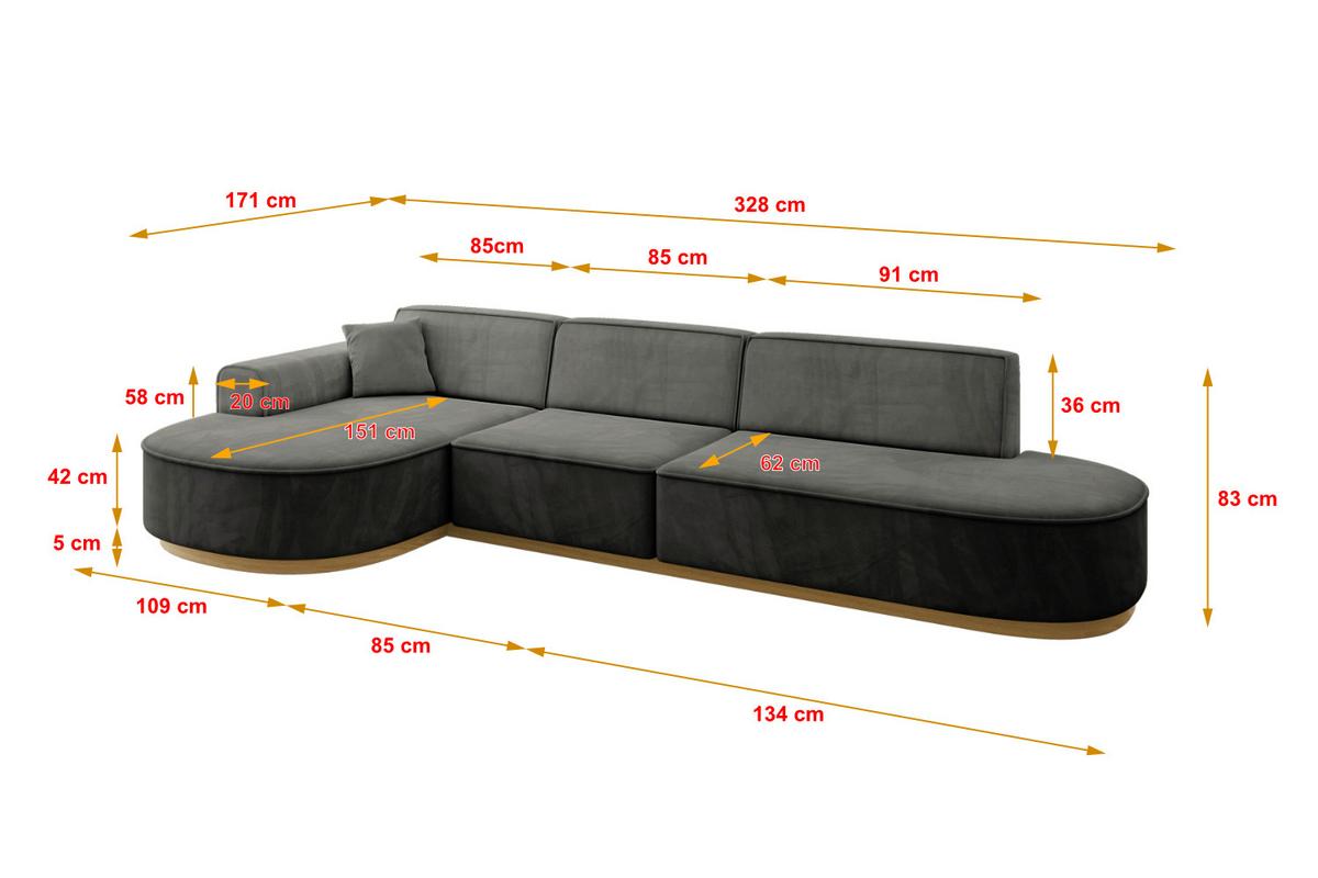 ECKSOFA Ottomane Links MARI-L2-v2 - 328x171x83 cm Dunkelgrau Velours - Dunkelgrau, Holzwerkstoff/Textil (328/171cm) - ALTDECOR