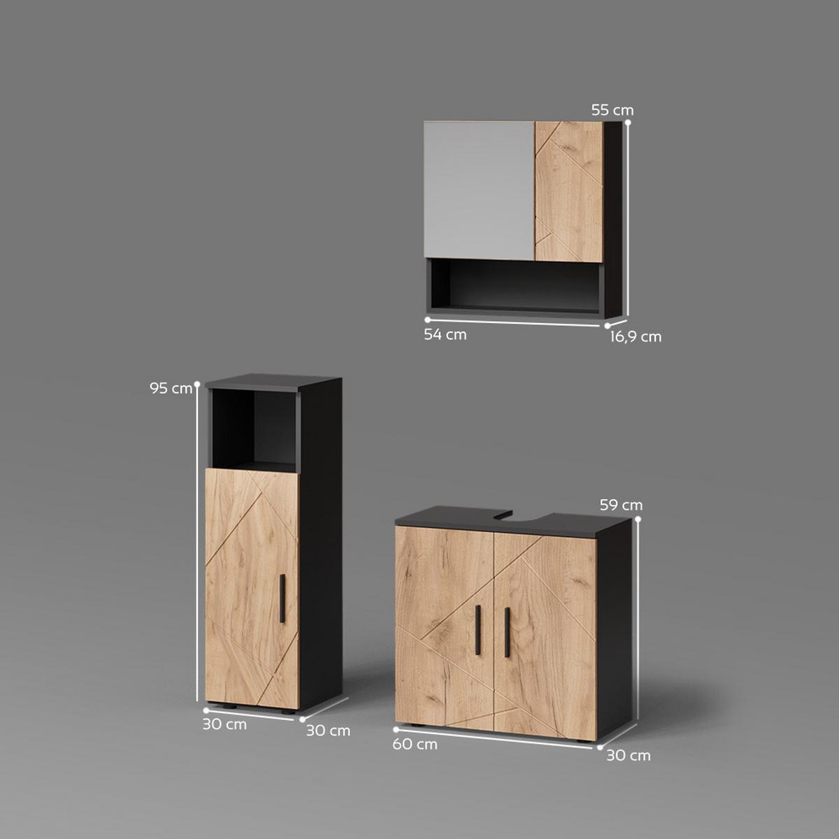 BADMÖBEL-SET Ronco Goldkraft Eiche/Anthrazit 3 Teile - Honigeiche/Anthrazit, Holzwerkstoff (60/95/30cm) - Livinity®