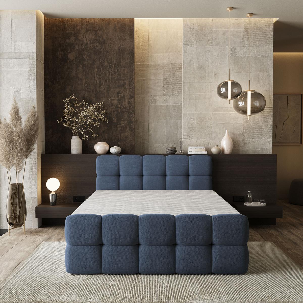 BOXBETT BRUME 200x200 cm mit Matratze und Topper, H2+H3 - Blau - Blau, Holz (200/200cm) - MASSENO