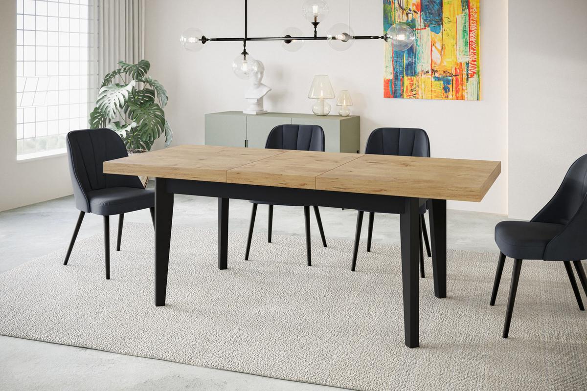 RECHTECKIGER Esszimmertisch SKANDI, ausziehbarer Tisch, Größe: 160-210X90X78 cm, Wohnzimmertisch Farbe: LANCELOT, mit Holzbeinen in Farbe Schwarz - Beige/Schwarz, Holzwerkstoff (160/90/78cm) - Alpi-Möbel