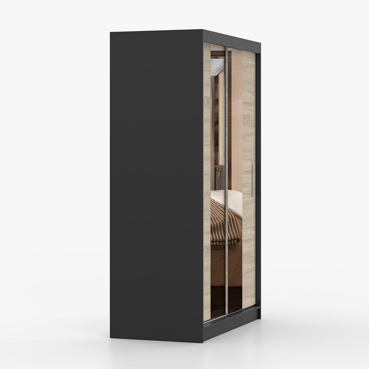 SCHWEBETÜRENSCHRANK NEOMI 01 mit Spiegel Schwarz/Sonoma - Alufarben/Schwarz, Holzwerkstoff/Kunststoff (120/200/61cm) - imoebel24