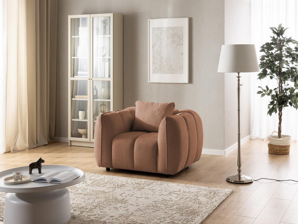 SESSEL Nubira in tief gesteppter Bubble-Optik aus weichem Terrakotta Strukturstoff im modernen Design - Terracotta/Schwarz, Holz/Kunststoff (115/69/89cm) - S-Style Möbel