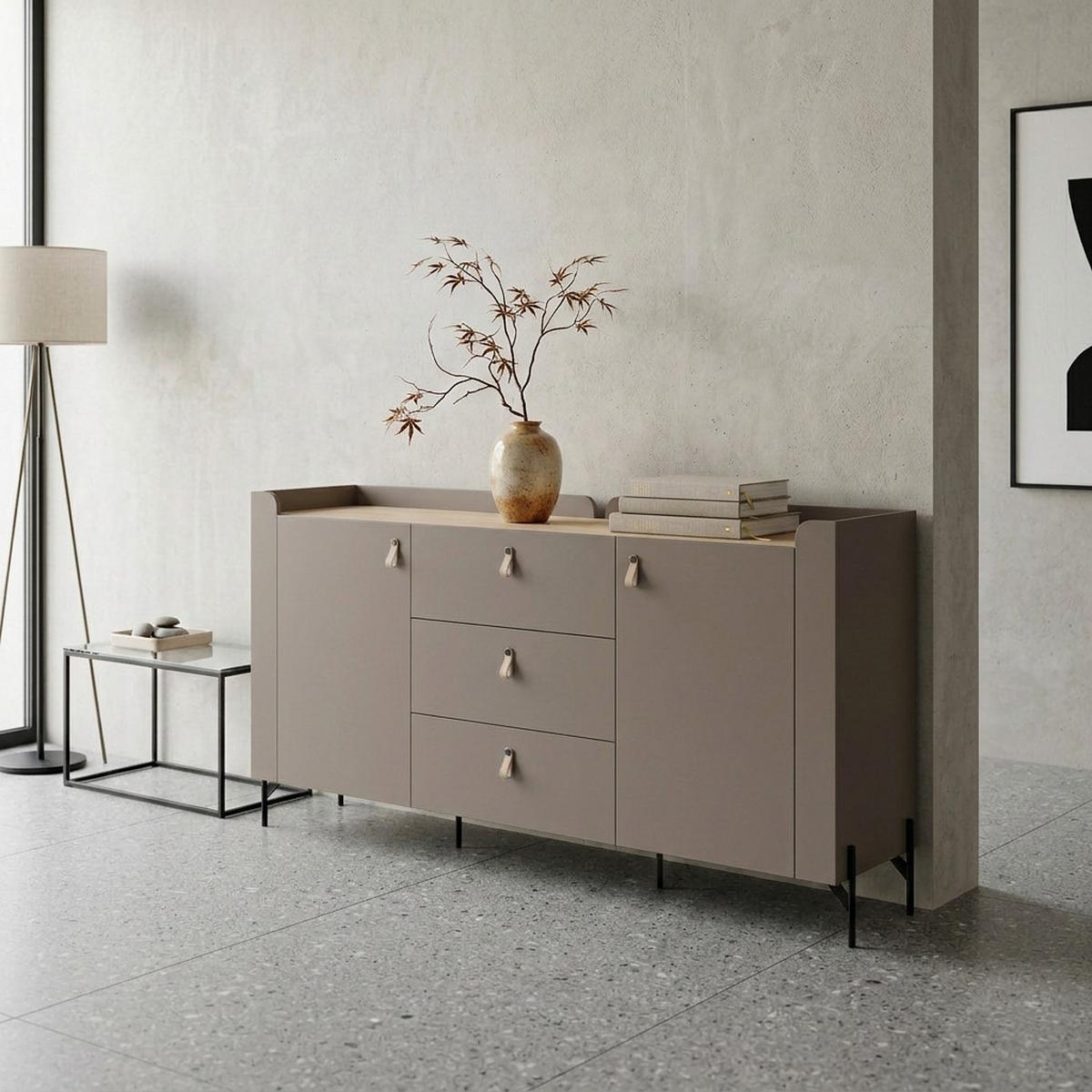 KOMMODE Sorella mit 2 Türen und 3 Schubladen, 180 cm, für Jugendzimmer, Porcini + Eiche Mavelie - Eichefarben/Cappuccino, Leder/Holzwerkstoff (180/95/42cm) - Beautysofa