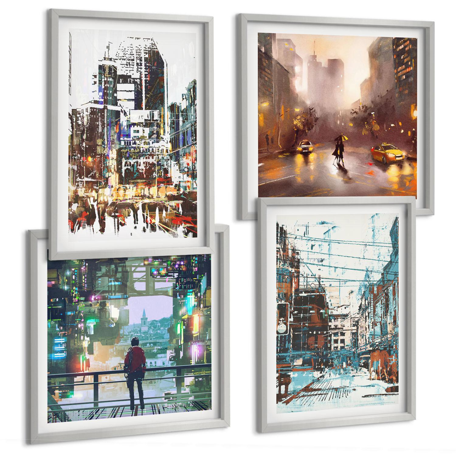 BILDER SET 4er Set - 50x50 cm & 40x60 cm Silberner Rahmen - Moderne, farbenfrohe Städte mit Charakteren - Silberfarben, Kunststoff (50/50cm) - TULUP