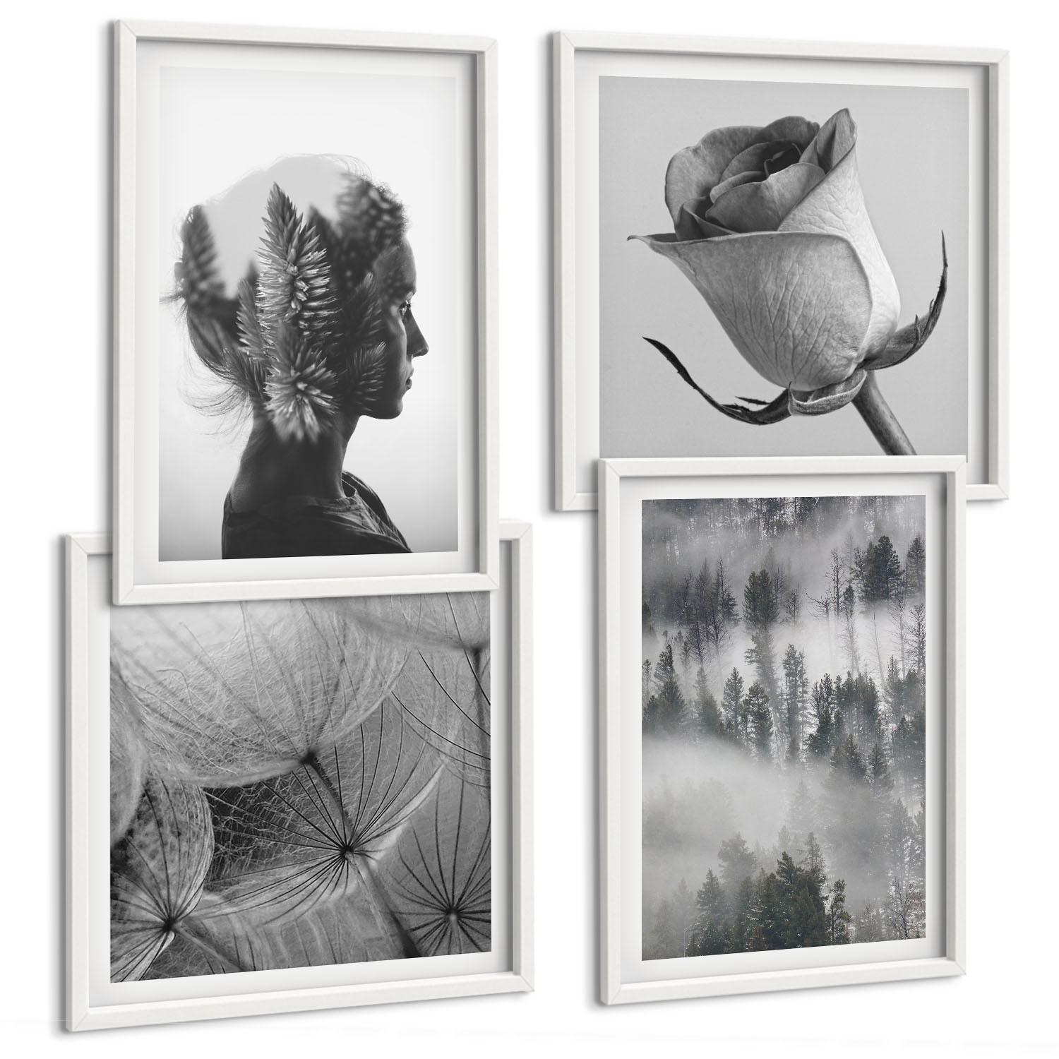 BILDER SET 4er Set - 50x50 cm & 40x60 cm Weißer Rahmen - Waldnebelporträt einer Frau - Weiß, Kunststoff (50/50cm) - TULUP