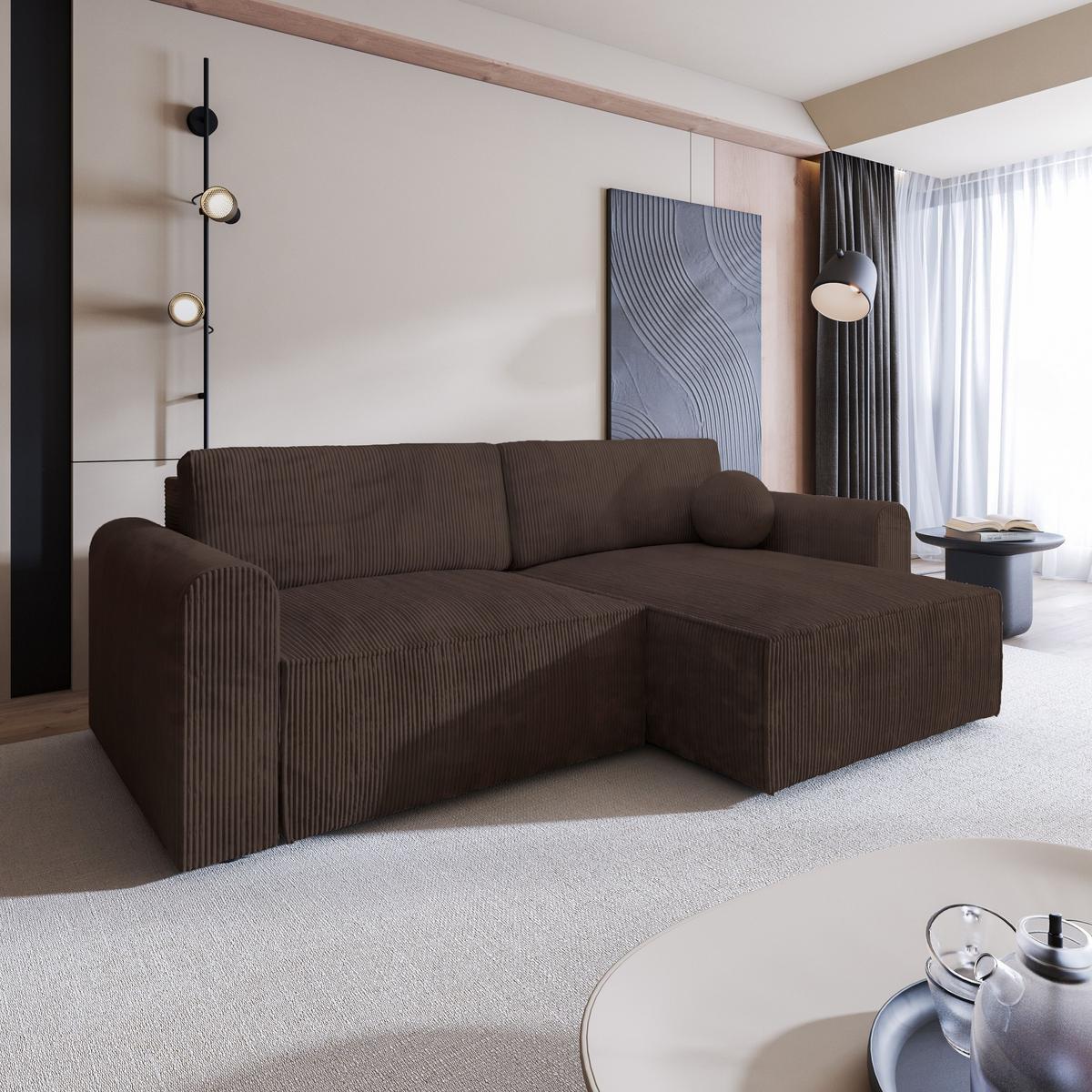 ECKSOFA FIANO P Braun Kordstoff mit Schlaffunktion - Braun/Grau, Holz/Kunststoff (245/148cm) - MASSENO