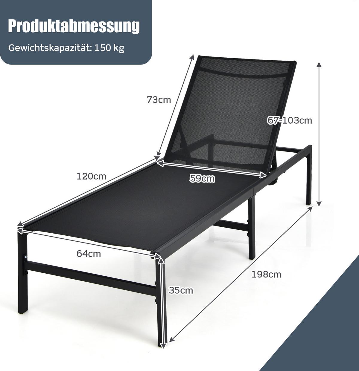 SONNENLIEGE Schwarz - Schwarz, Metall (198/67/64cm) - COSTWAY