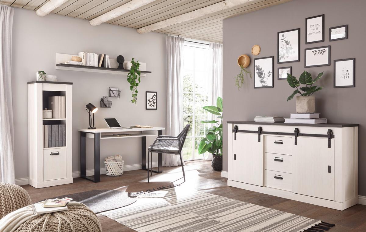 AKTENSCHRANK weiß Pinie, anthrazit Landhaus, Sideboard 162 cm mit Soft-Close - Anthrazit/Weiß, Holzwerkstoff/Metall (162/91/43cm) - Furn.Design