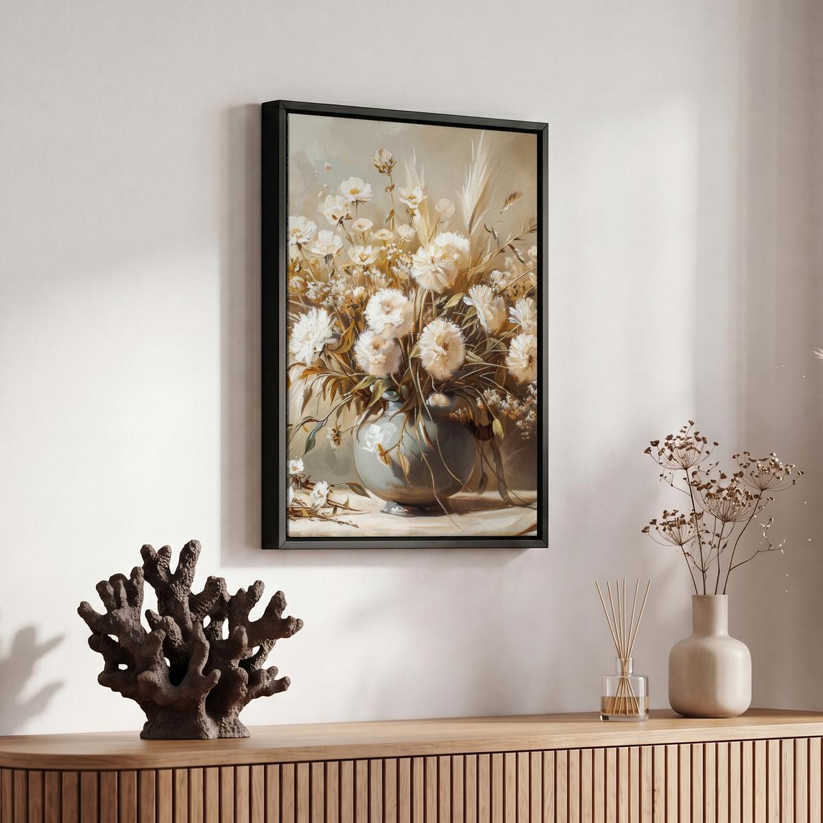 LEINWAND Bilder mit Rahmen - Blumen - Vase - Stilleben - Beige - 20x30 - Creme, Textil (20/30cm) - MuchoWow