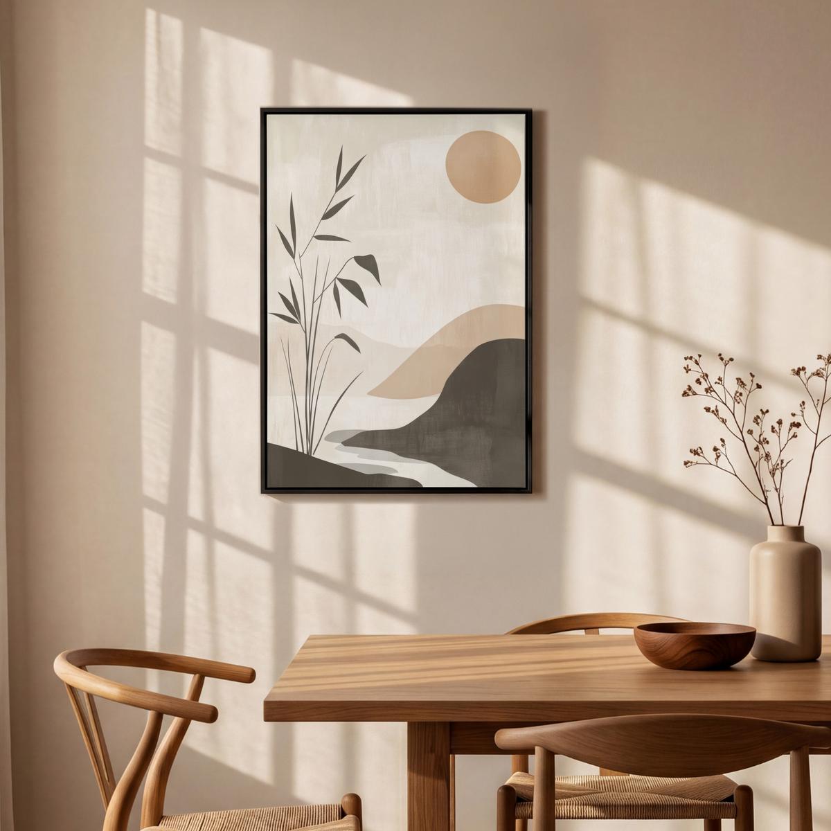 LEINWAND Bilder mit Rahmen - Japandi - Landschaft - Beige - 60x90 - Cognac, Textil (60/90cm) - MuchoWow