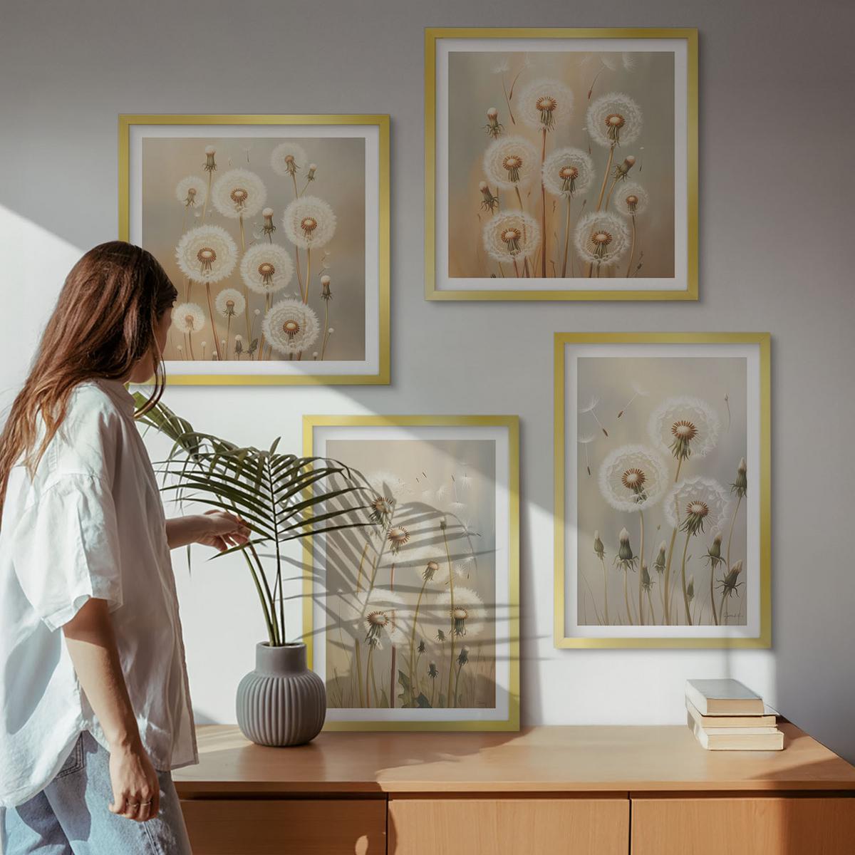 BILDER SET 4er Set - 50x50 cm & 40x60 cm Goldrahmen - Weiße Löwenzahnblüten auf hellem Hintergrund - Goldfarben, Kunststoff (50/50cm) - TULUP