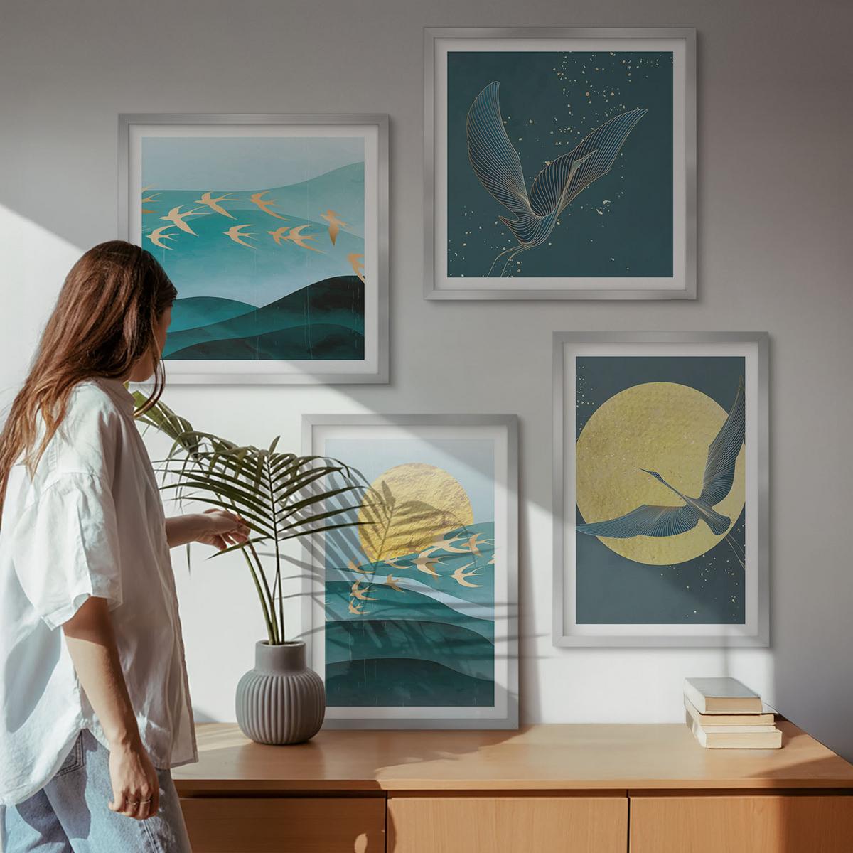 BILDER SET 4er Set - 50x50 cm & 40x60 cm Silberner Rahmen - Stilvolle Landschaften mit Vögeln - Silberfarben, Kunststoff (50/50cm) - TULUP