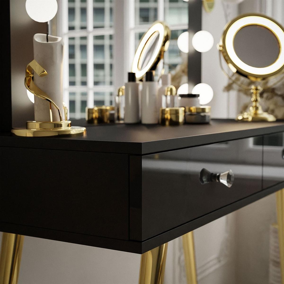SCHMINKTISCH SIENNA GOLD mit Schubladen auf goldenen Beinen - Schwarz Hochglanz/Goldfarben, Holzwerkstoff (100/81/42cm)