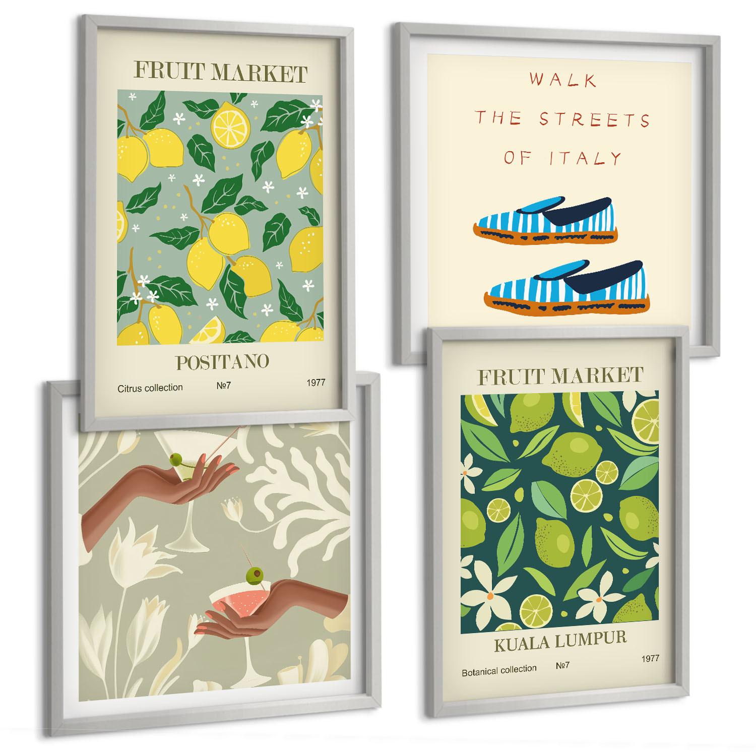 BILDER SET 4er Set - 50x50 cm & 40x60 cm Silberner Rahmen - Italienische Poster mit Fruchtmotiven - Silberfarben, Kunststoff (50/50cm) - TULUP