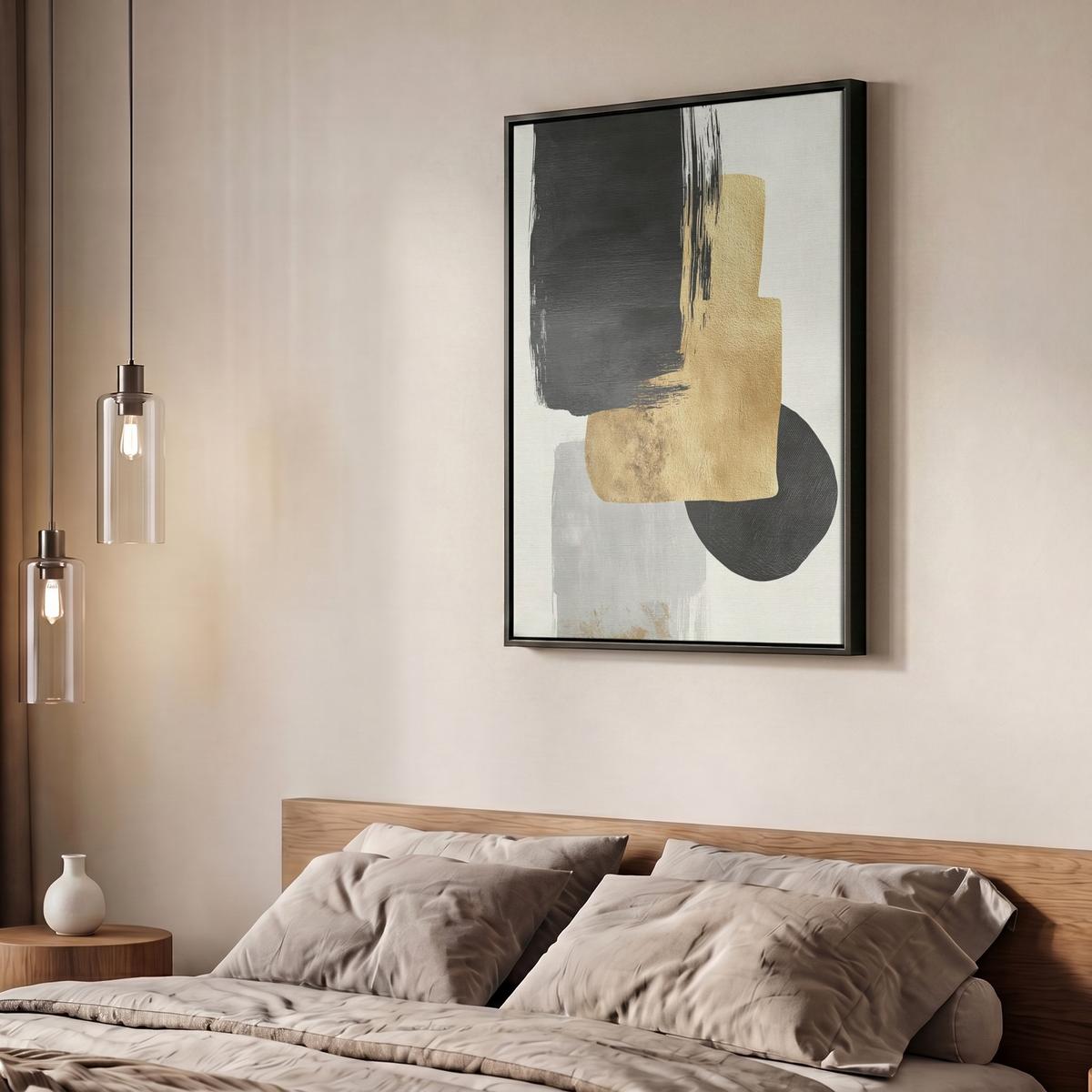 LEINWAND Bilder mit Rahmen - Gold - Rechtecke - Kreise - Abstrakt - 50x70 - Weiß, Textil (50/70cm) - MuchoWow