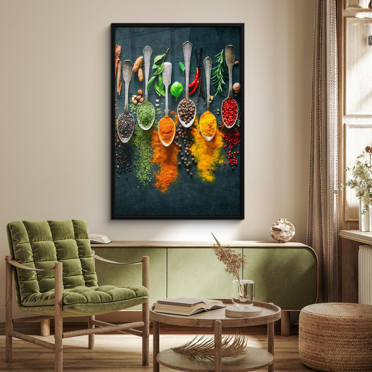 POSTER MIT RAHMENGERAHMTES BILD Kräuter - Gewürze - Löffel Bilderleiste 80x120 cm - Currygelb, Papier (80/120cm) - MuchoWow