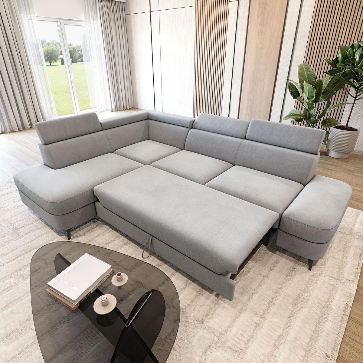 ECKSOFA AVISE MV L-S Hellgrau Velours-Stoff mit Schlaffunktion - Hellgrau, Holzwerkstoff/Textil (268/195cm) - MASSENO