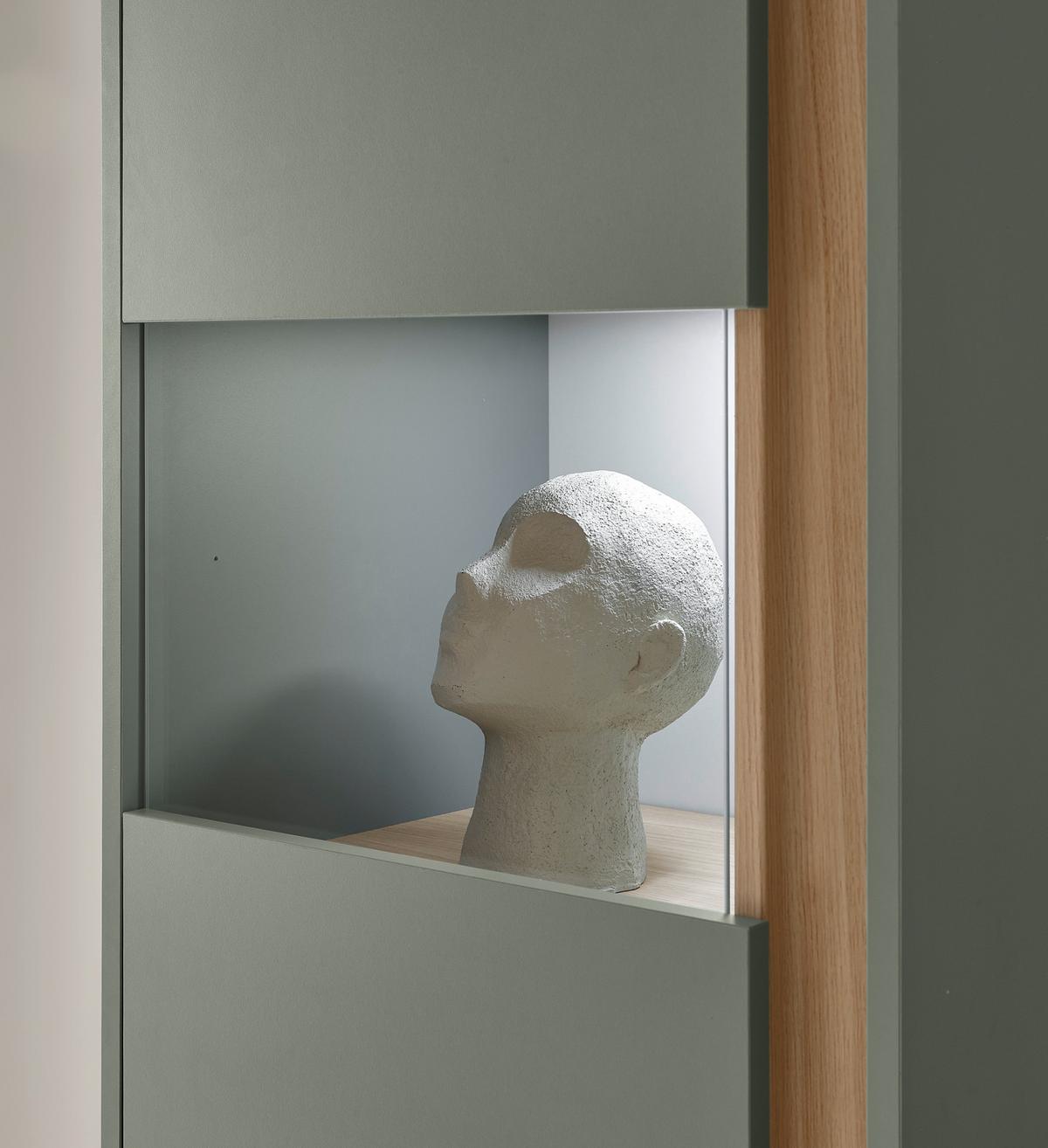 SCHRANK-SET Salbei grün, Barista Eiche 190 cm, Vitrinen-Set mit 3x Vitrine je 50x 155 cm - Salbeigrün/Eichefarben, Glas/Holzwerkstoff (190/155/40cm) - Furn.Design