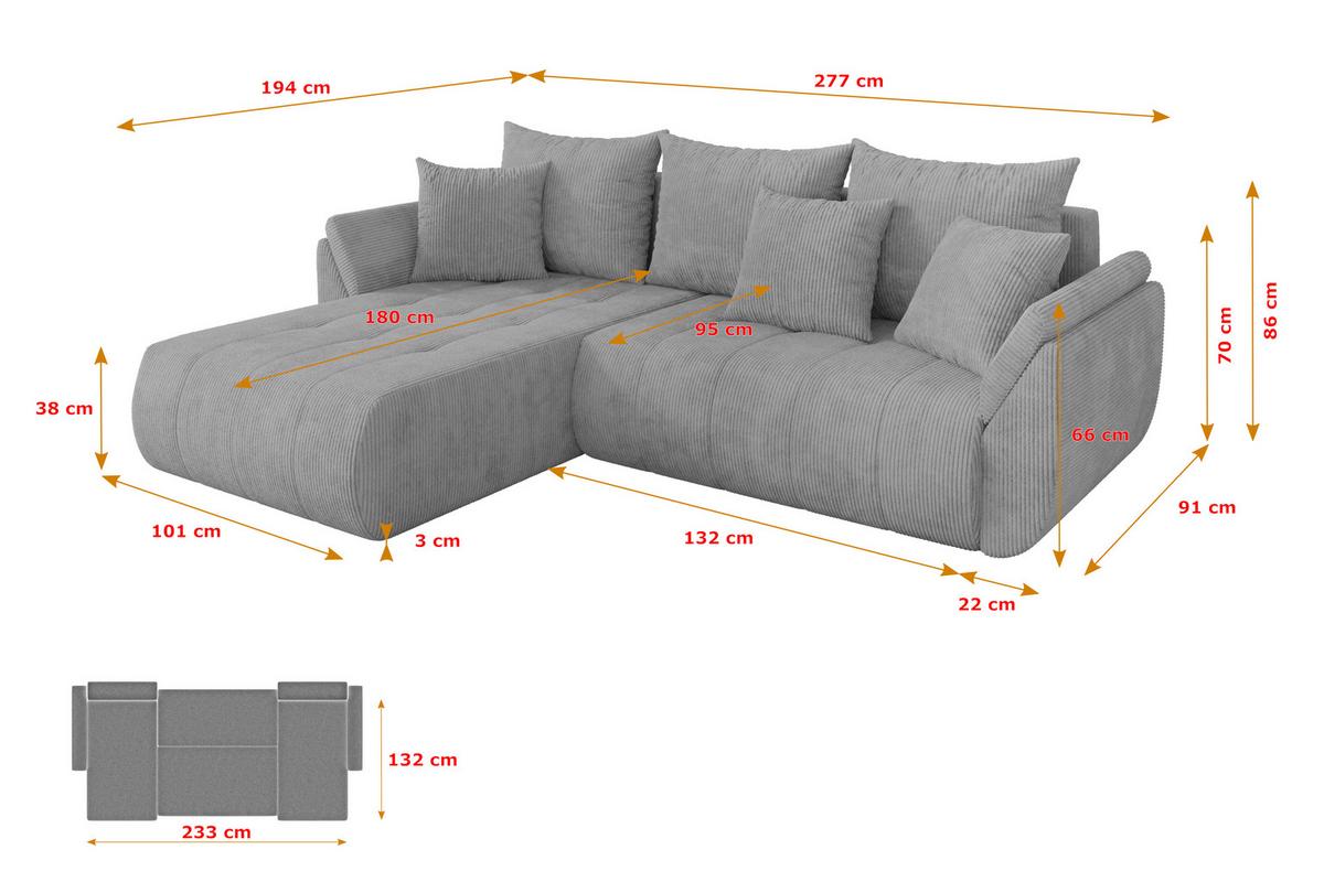 ECKSOFA mit Schlaffunktion Ottomane Links TOKO-L 277x194x86 Grau Cord - Schwarz/Grau, Holzwerkstoff/Kunststoff (277/194cm) - ALTDECOR