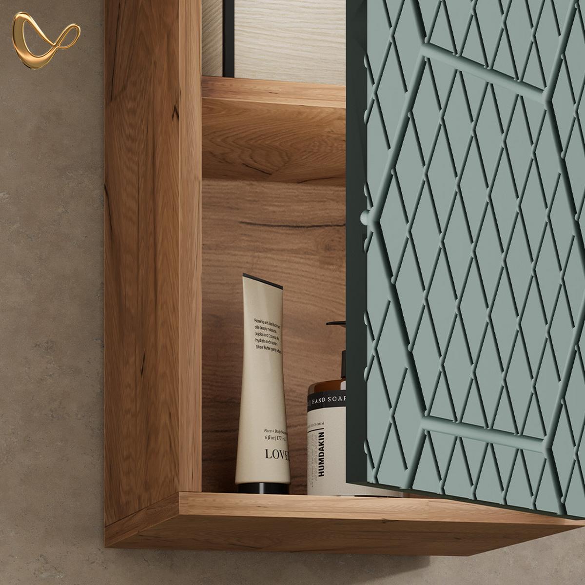 BADSCHRANK Ronco Grün/Goldkraft Eiche 30 x 59 cm 2 Fächer, Badezimmer - Honigeiche/Grün, Holzwerkstoff (30/59/24cm) - Livinity®