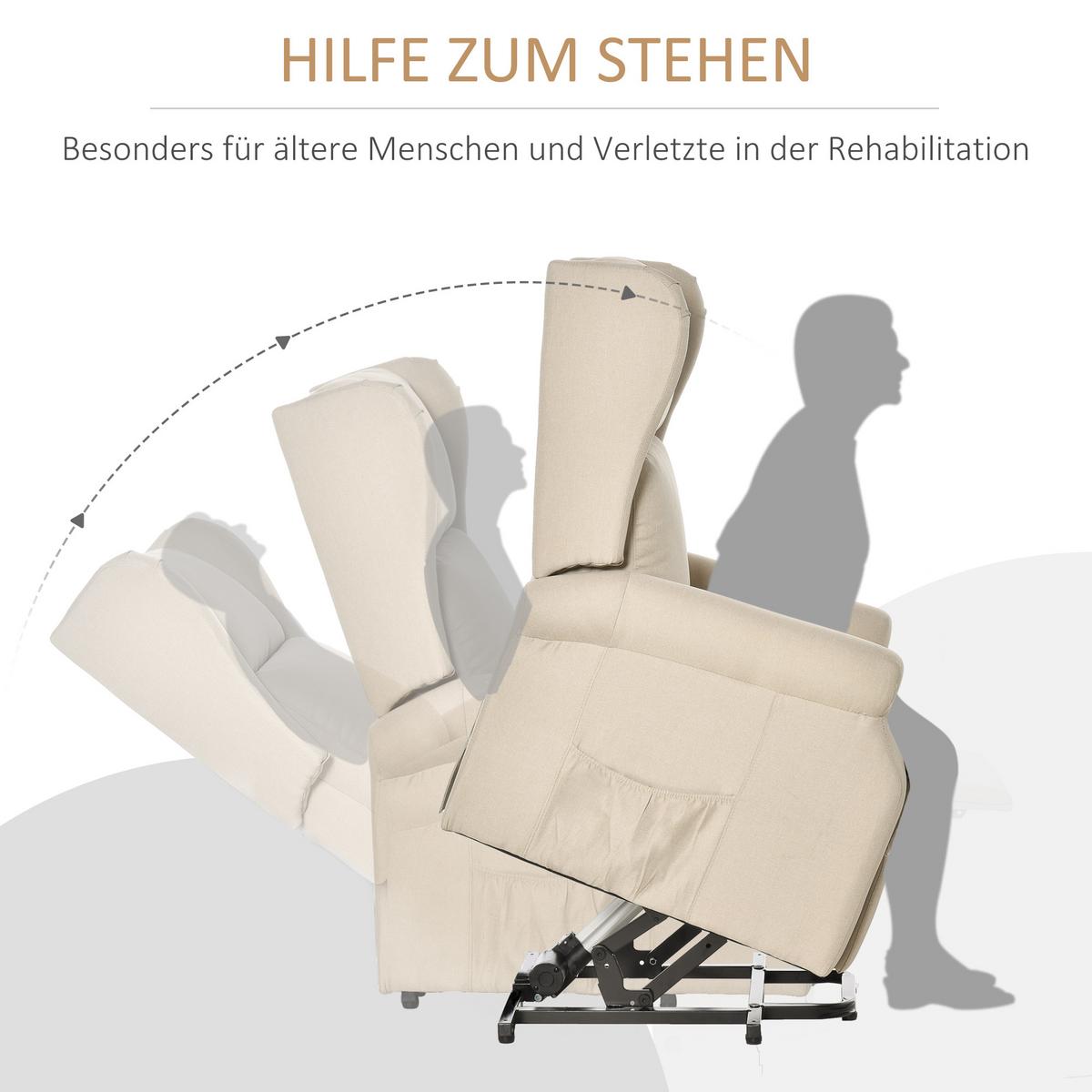 FERNSEHSESSEL mit Aufstehhilfe Leinen Cremeweiß - Creme/Schwarz, Holz/Textil (94/111/74cm) - HOMCOM