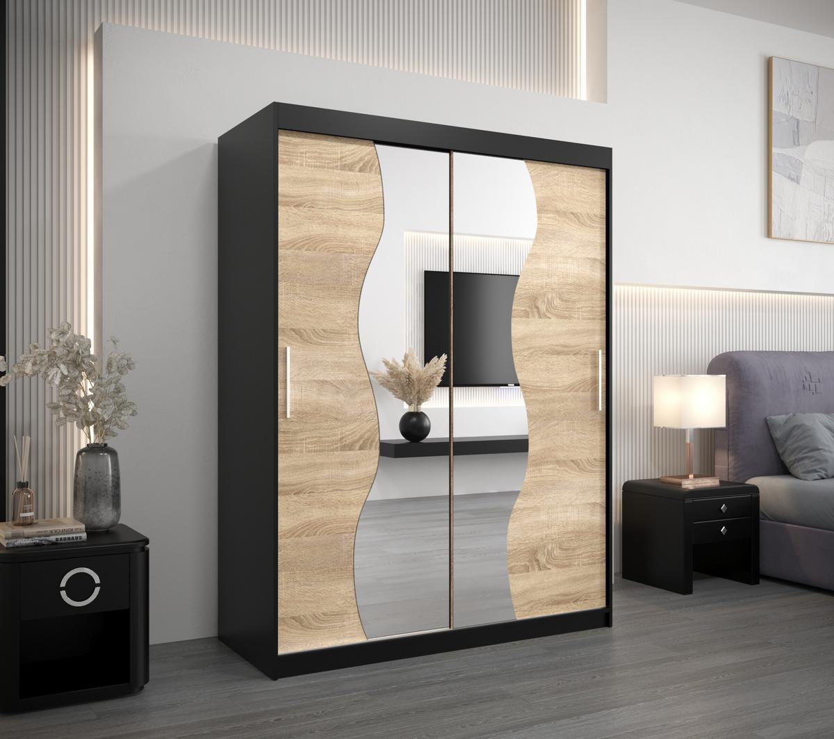 SCHWEBETÜRENSCHRANK 200/150/62 2-türig - Silberfarben/Schwarz, Holz/Kunststoff (150/200/62cm) - MÖBEL KRYSPOL