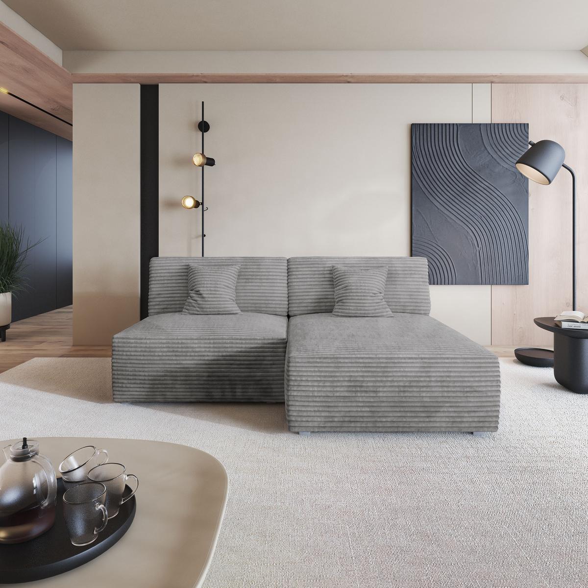 ECKSOFA FIORO Hellgrau Kordstoff mit Schlaffunktion - Hellgrau, Holz (204/148cm) - MASSENO