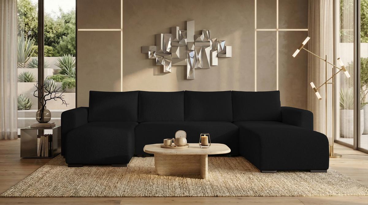 WOHNLANDSCHAFT DORA U mit Bettkasten und Schlaffunktion, U-Form, bequem - Schwarz, Textil (305/85/140cm) - Storez24