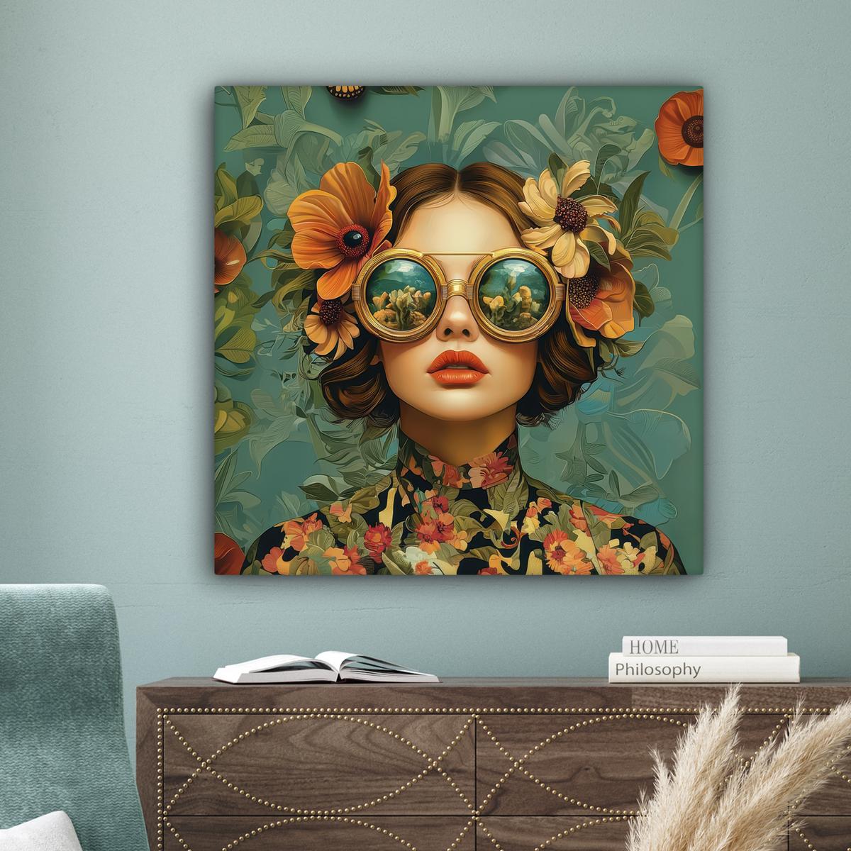 LEINWANDBILD Frau - Blumen - Schmetterlinge - Natur - Vintage Deko Groß 90x90 cm - Salbeigrün, Textil (90/90cm) - MuchoWow