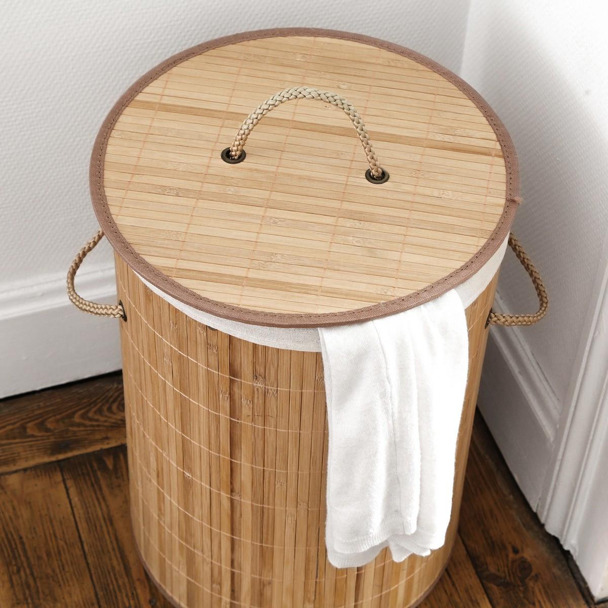 WÄSCHEKORB aus Bambus rund 60l - 40/40/50 cm - Eschefarben, Holzwerkstoff (40/50/42cm) - Calicosy