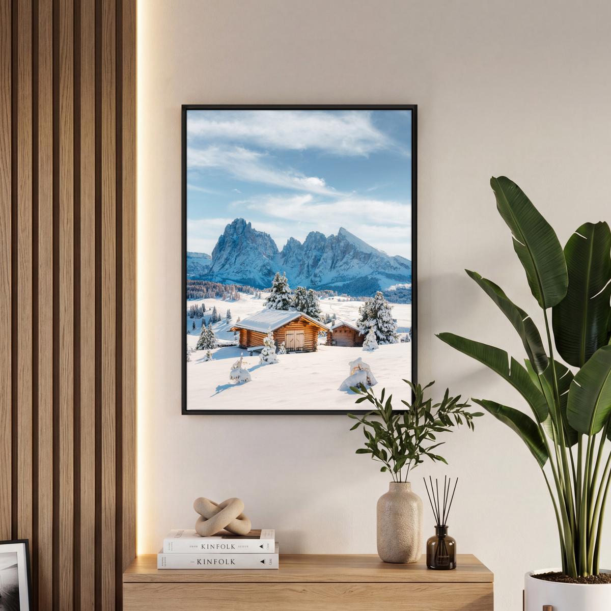 LEINWAND Bilder mit Rahmen - Winter - Hütte - Berge - Aussicht - Schnee - 60x80 - Eichefarben, Textil (60/80cm) - MuchoWow