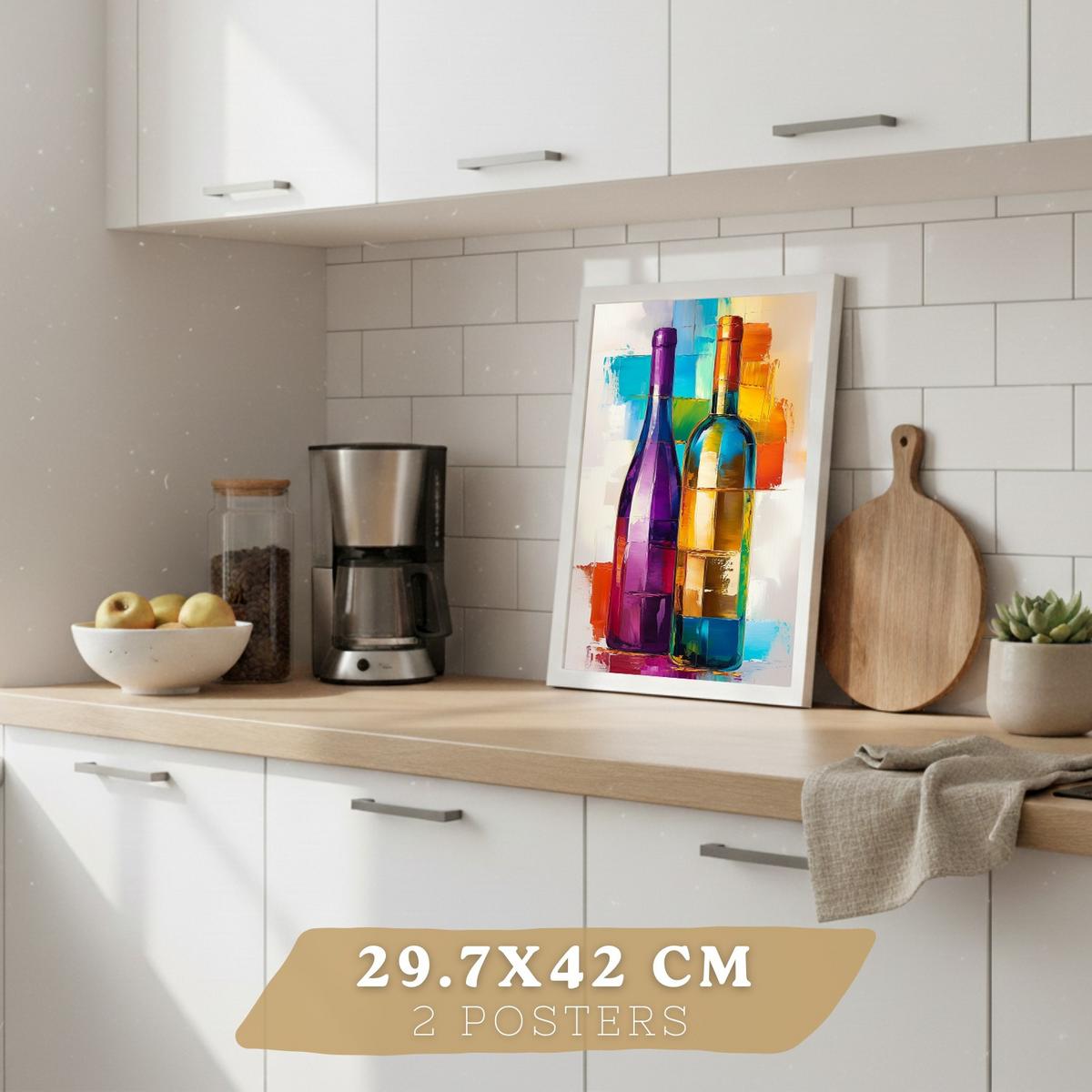 POSTER 2er Set Küchen-Wandbilder Weingläser und Flaschen Pop Art Bunt Abstrakt Esszimmer Wanddeko Weißer Rahmen A3 - Weiß, Papier (29.7/1/42cm) - Nacnic