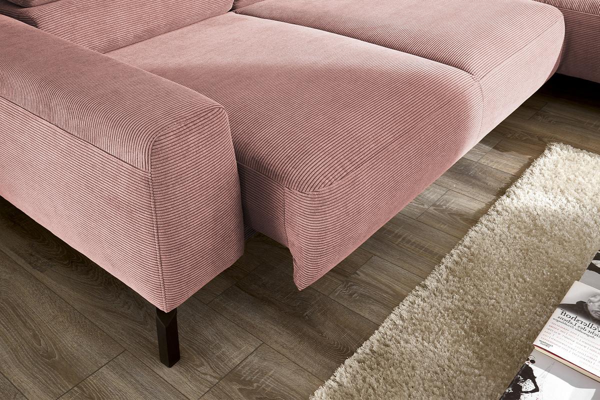 ECKSOFA MIT MOTORISCHEM SITZVORZUG DELIA Pink Cord Relaxfunktion - Schwarz/Rosa, Textil/Metall (276/219cm) - KAWOLA