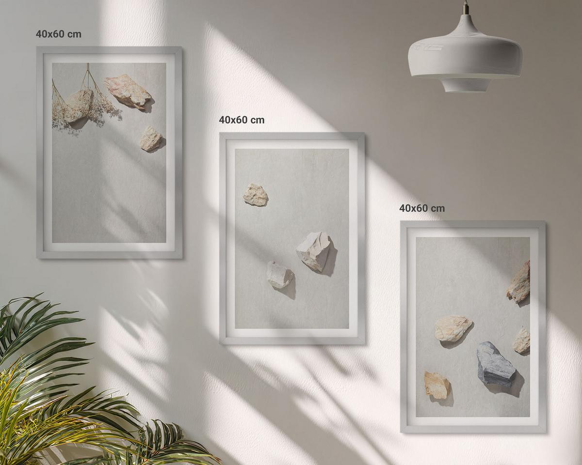 BILDER SET 3er Set - 40x60 cm Silberner Rahmen - Boho-Stranddekorationen aus Steinen - Silberfarben, Kunststoff (40/60cm) - TULUP