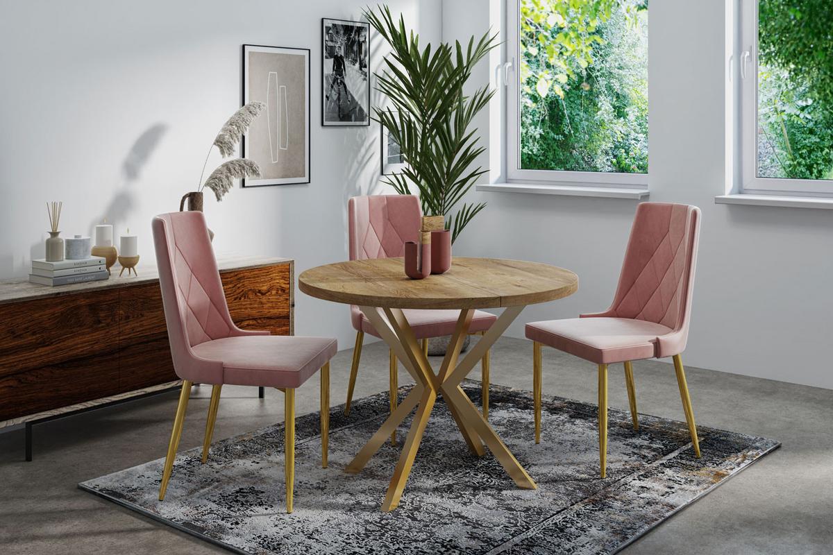 ESSTISCH Flora runder ausziehbarer, Lefkas Eiche 100-180/100/76 cm - Alteiche/Goldfarben, Holzwerkstoff/Metall (100/180/76cm) - WFL GROUP