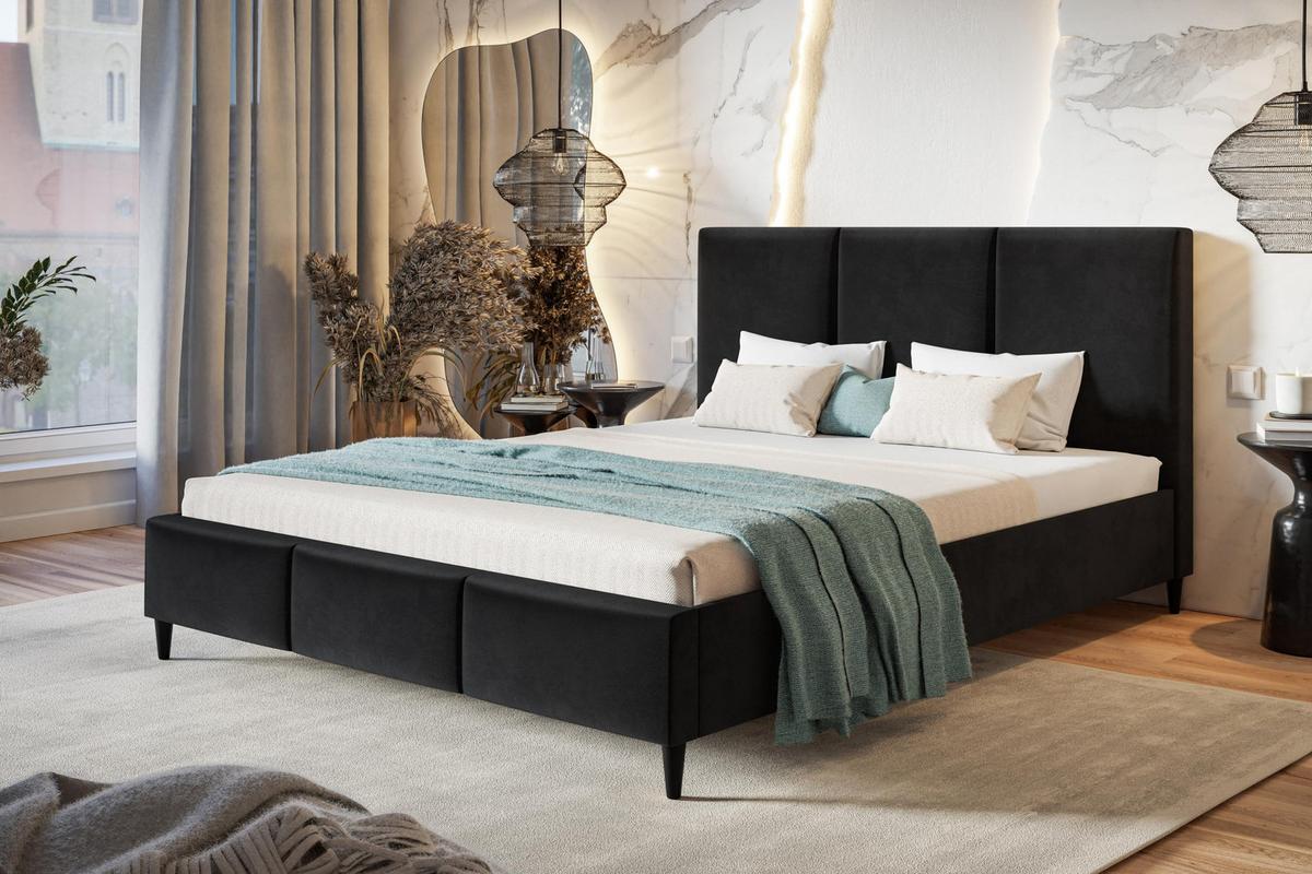 POLSTERBETT LUX Siena mit Kopfteil, 140 x 200 cm, Doppelbett mit Lattenrost aus Holz, Velourstoff Schwarz, Füße in Farbe: Schwarz - Schwarz, Holz/Textil (140/200cm) - Alpi-Möbel