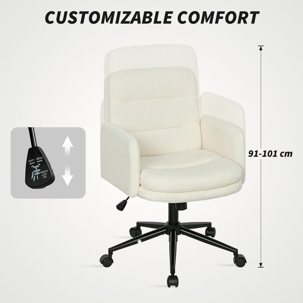 SCHREIBTISCHSTUHL höhenverstellbar Homeoffice Stuhl mit Bouclé-Optik, Cremeweiß - Creme/Schwarz, Textil/Metall (61.5/101/65cm) - HOMCOM