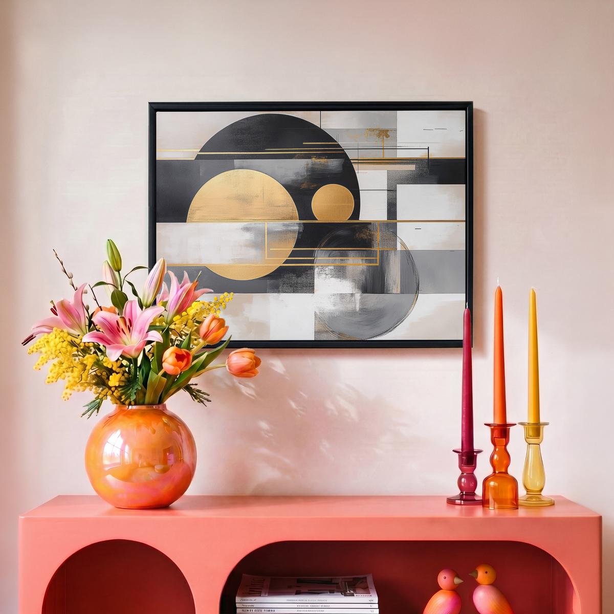 LEINWAND Bilder mit Rahmen - Abstrakt - Gold - Silber - Formen - Ästhetisch - Modern - 40x30 - Goldfarben, Textil (40/30cm) - MuchoWow