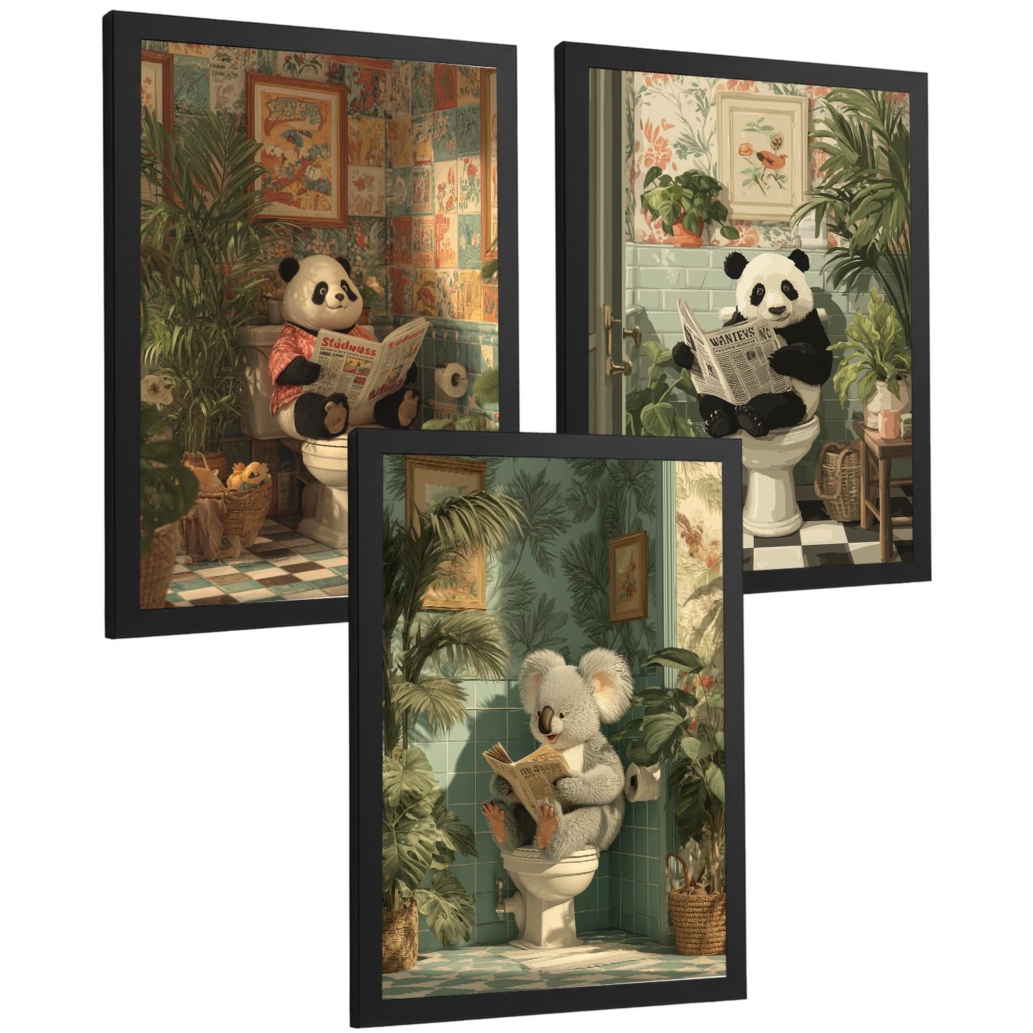 POSTER 3er-Set lustige Badezimmer-Drucke, Panda- und Koala-Tiermotive für Toilette, witziges für Toilette, Vintage-Botanik-Stil Schwarzer Rahmen A4 - Schwarz, Papier (29.7/21/3cm) - Nacnic