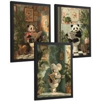 POSTER 3er-Set lustige Badezimmer-Drucke, Panda- und Koala-Tiermotive für Toilette, witziges für Toilette, Vintage-Botanik-Stil Schwarzer Rahmen A4 - Schwarz, Papier (29.7/21/3cm) - Nacnic