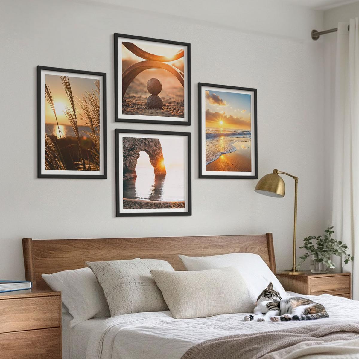BILDER SET 4er Set - 50x50 cm & 40x60 cm Schwarzer Rahmen - Ruhige Landschaften am Strand der Sonne - Schwarz, Kunststoff (50/50cm) - TULUP