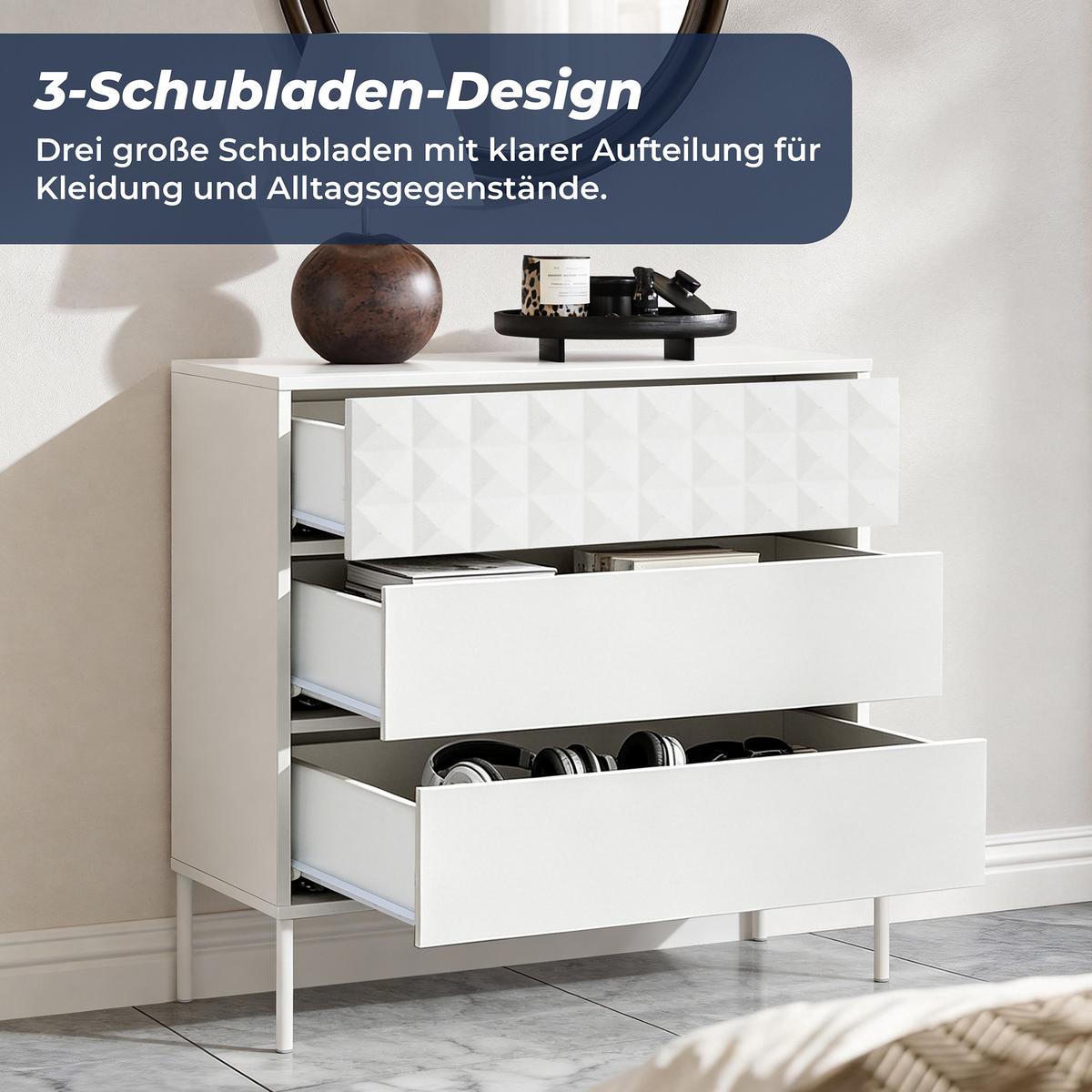 KOMMODE Holz mit 3 Schubladen, Weiß, 80 × 40 × 75 cm - Weiß, Holzwerkstoff/Metall (80/75/40cm) - Hometopia
