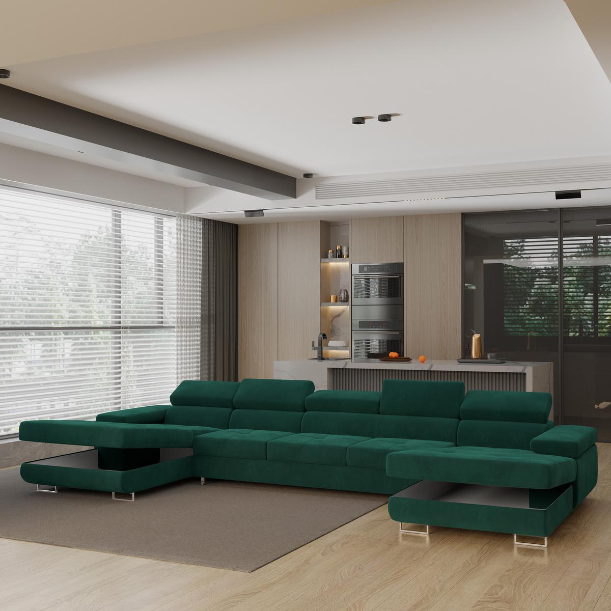 WOHNLANDSCHAFT OMBRA Grün Velours-Stoff mit Schlaffunktion - Grün, Holz (425/90/202cm) - MASSENO