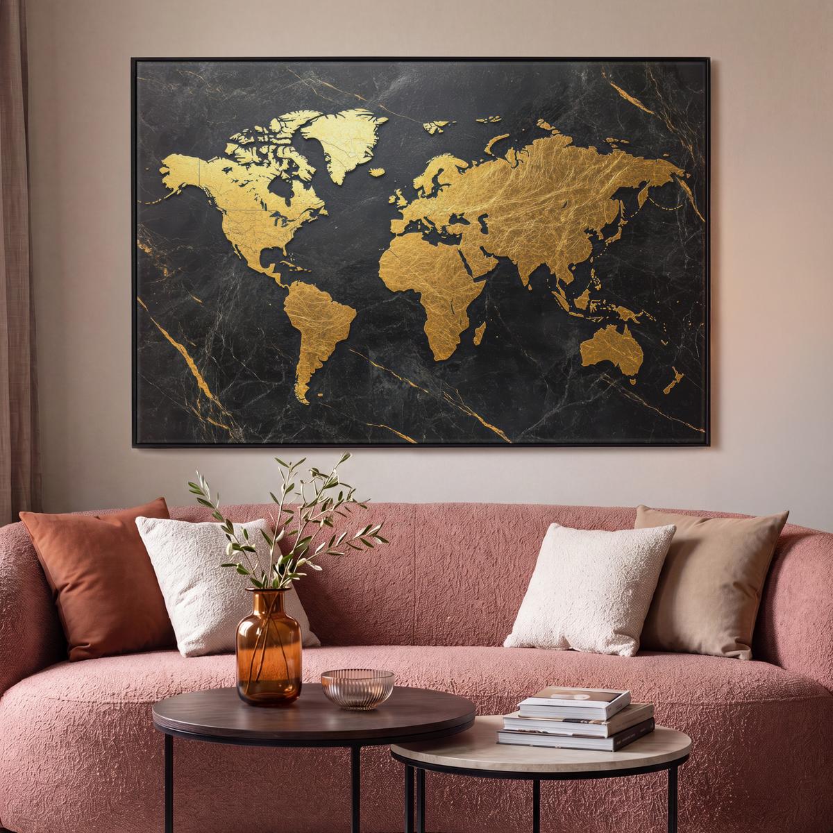LEINWAND Bilder mit Rahmen - Weltkarte - Gold - Marmor - 140x90 - Goldfarben, Textil (140/90cm) - MuchoWow