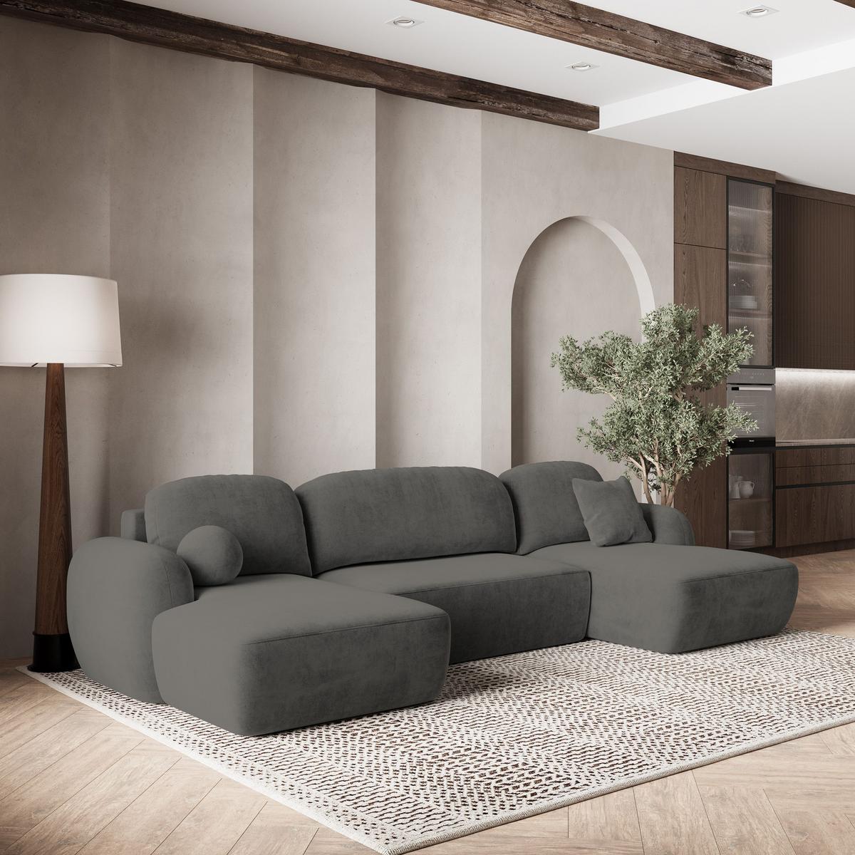 WOHNLANDSCHAFT SAVONA K Grau Plüsch-Stoff mit Schlaffunktion - Schwarz/Grau, Holz/Kunststoff (320/90/148cm) - MASSENO